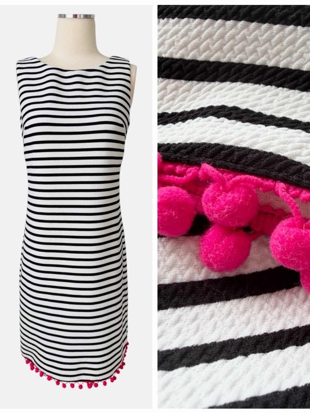 HEYTON Sleeveless Black and White Striped Midi Dress with Pink Pom Trim Sz 4